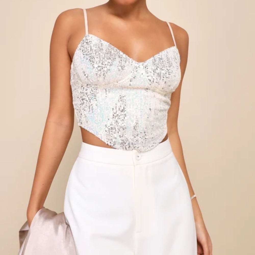Lulus Dazzling Flirt Champagne Sequin Cropped Bustier Tank Top